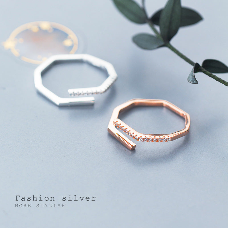 Fashion Creative Polygon Line Ring Simple Lady Side Diamond Ring