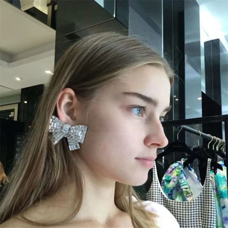 Three-dimensional Bow Sparkling Crystal Exaggerated Earrings