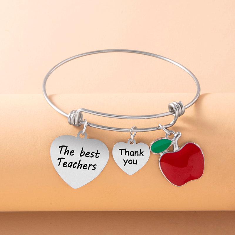 Thank You The Best Teacher Heart Bracelet Enamel Apple Charms Stainless Steel Bangle