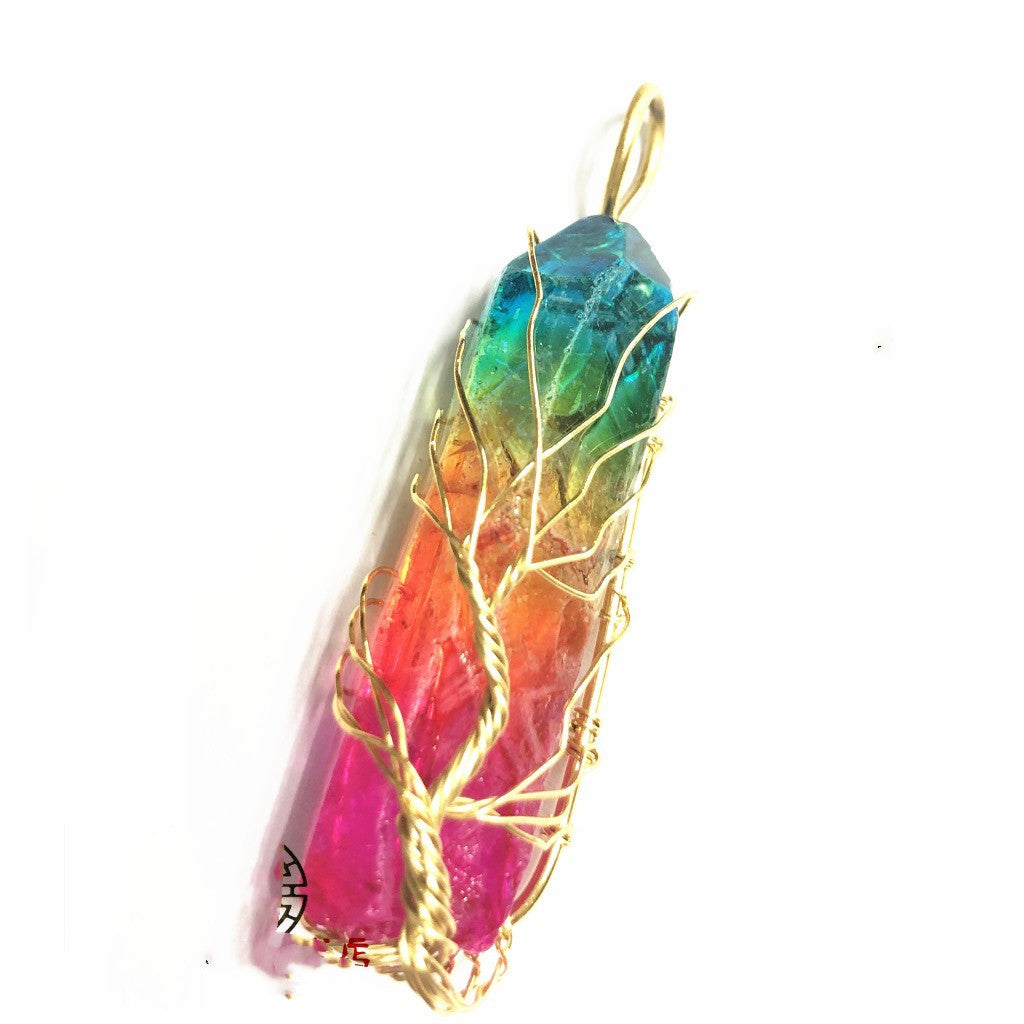 Crystal Plating Rainbow Color Crystal Pillar Tree Of Life Pendant Necklace