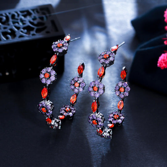 Silver Needle Gun Black Zircon Color Flower Hoop Earrings