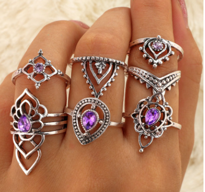 New retro purple crystal joint ring set female hollow flower diamond ring 7 piece set