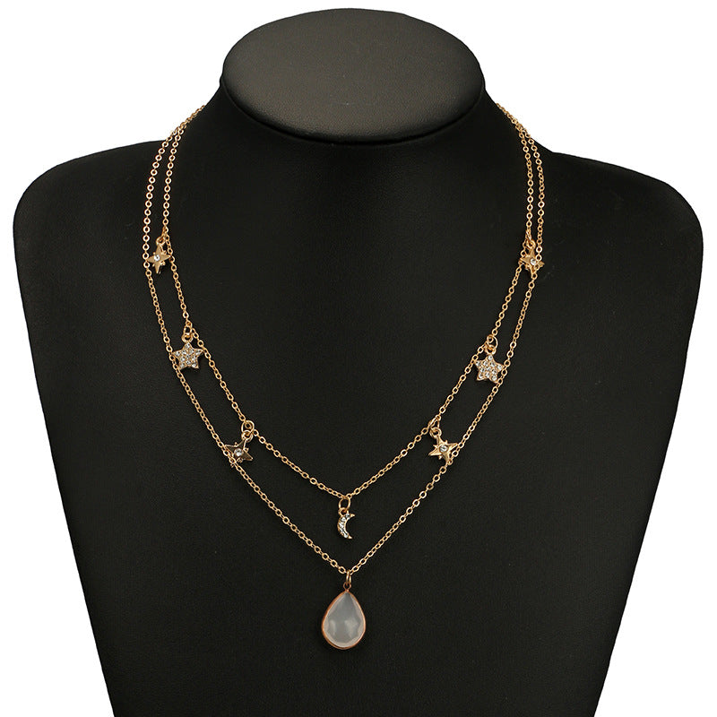 Moon Star Diamond 2 Layer Necklace Geometric Diamond Clavicle Chain