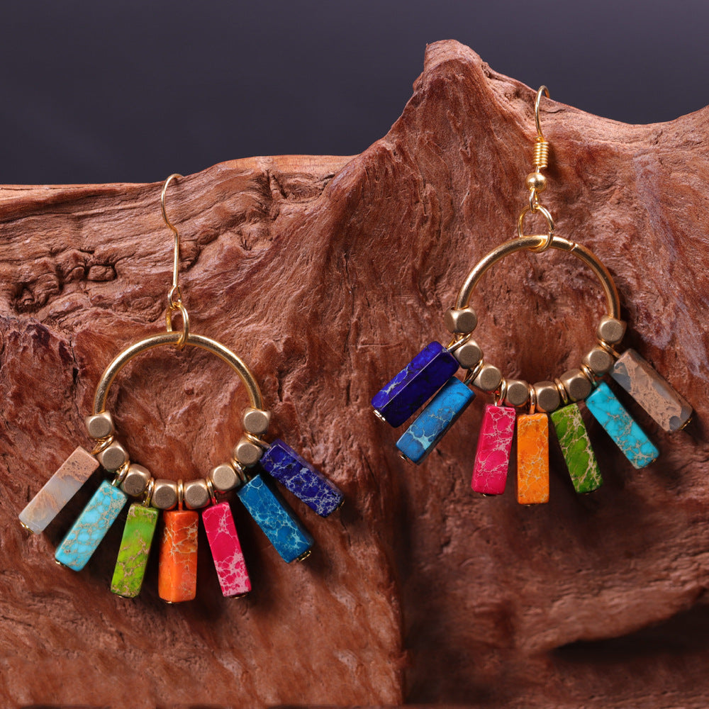 Natural Emperor Stone Earrings 7 Color Energy Stone Yoga Earrings Bohemian National Wind Ear Hook