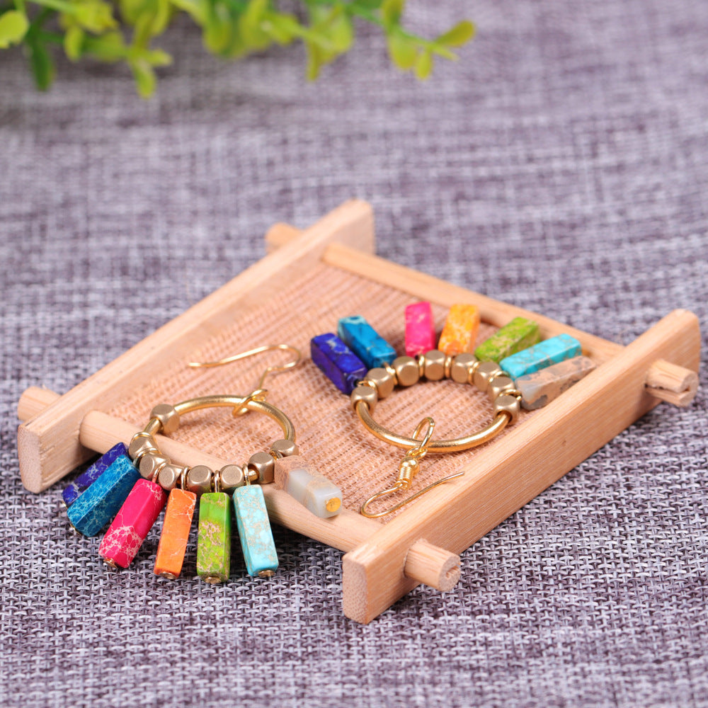 Natural Emperor Stone Earrings 7 Color Energy Stone Yoga Earrings Bohemian National Wind Ear Hook