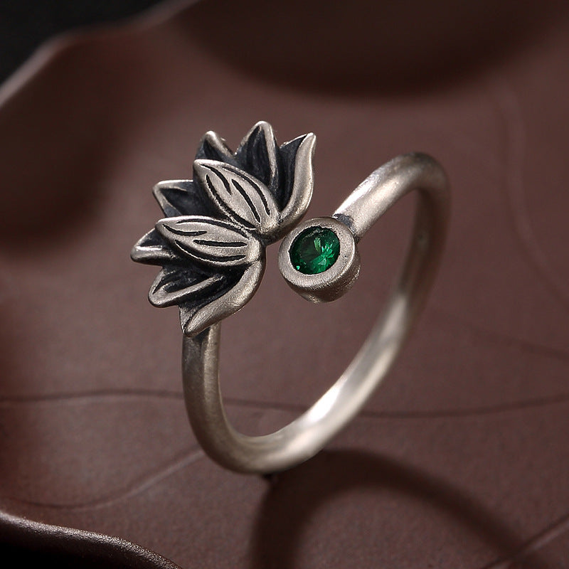 Lotus glazed mosaic opening sterling silver ring