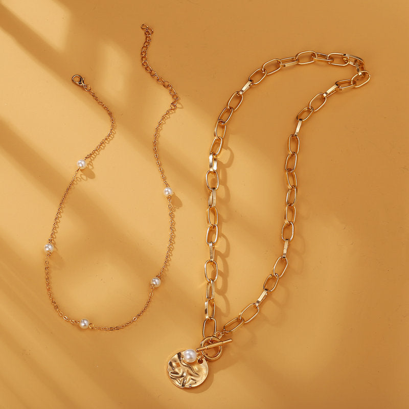 Chain pearl double necklace