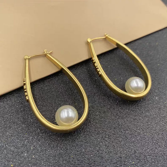 Oval Pearl Ear Hoop Earrings Jewelry