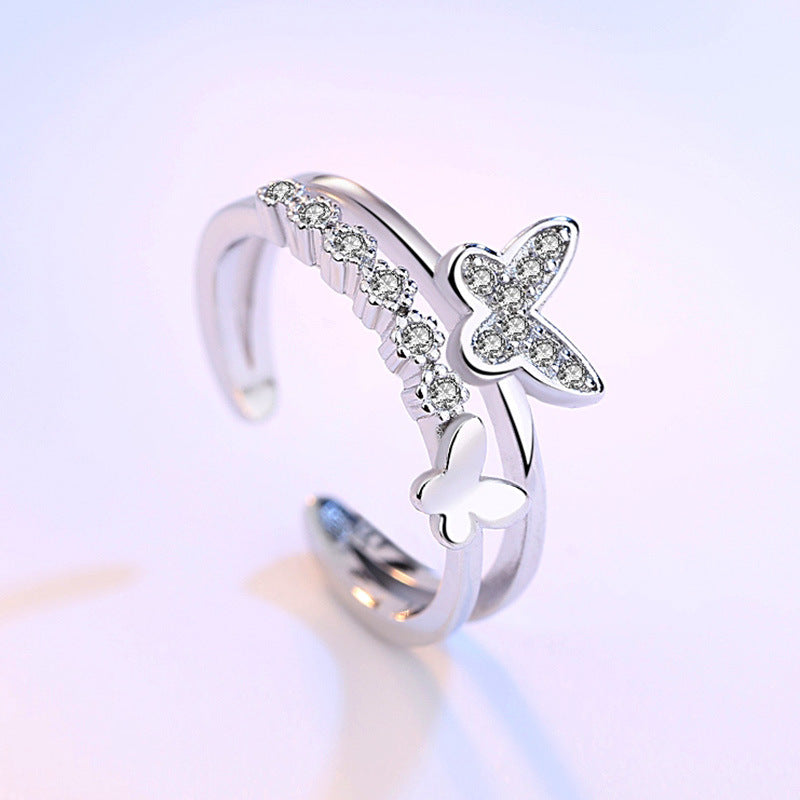 Butterfly Love Silver Ring Micro-inlaid Butterfly Zircon Ring   Bracelet Tail Ring