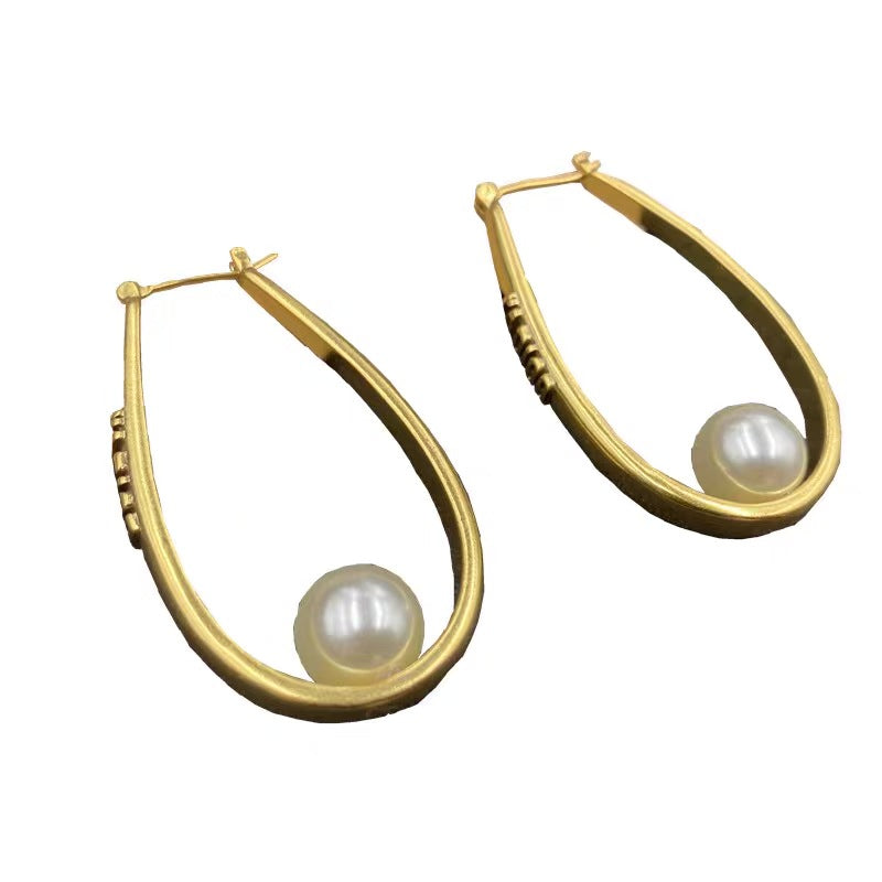 Oval Pearl Ear Hoop Earrings Jewelry