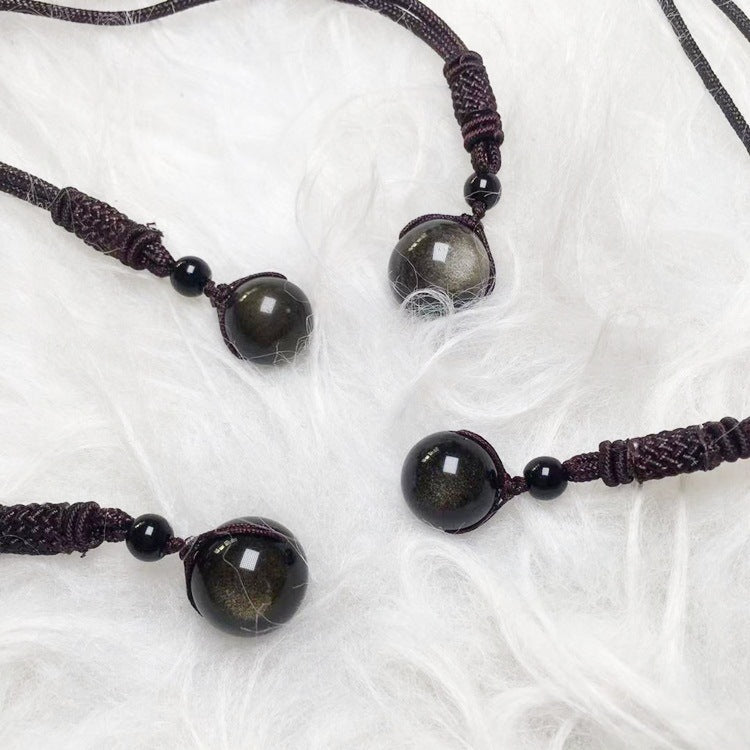 Crystal Natural Obsidian Single Bead Pendant Necklace