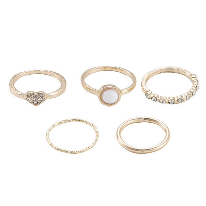 Pearl Heart Combination Knuckle Ring Set Of Five Boho