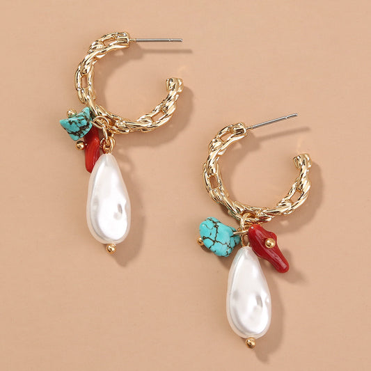 C-shaped Metal Earrings Retro Natural Stone Mix And Match Special-shaped Pearl Jewelry Earrings