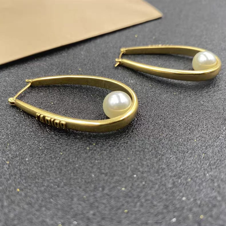 Oval Pearl Ear Hoop Earrings Jewelry