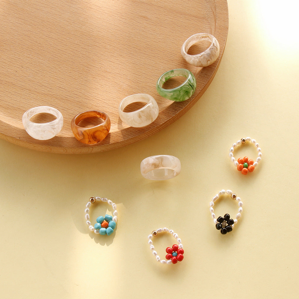 Freshwater Pearl Flower Ring Transparent Resin Round Tail Ring