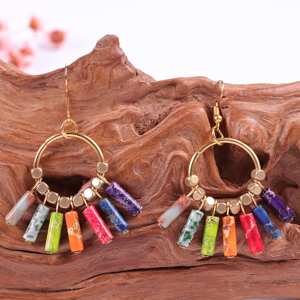 Natural Emperor Stone Earrings 7 Color Energy Stone Yoga Earrings Bohemian National Wind Ear Hook