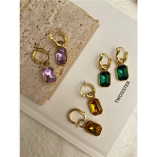 French Pastoral Vintage Antique Brass Color Stone Earrings Women