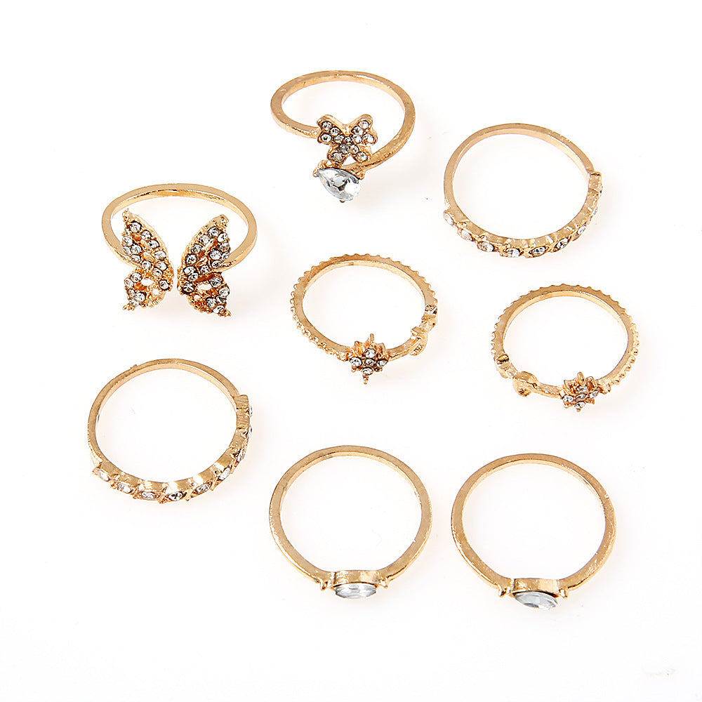 8 Piece Set Diamond Butterfly Flower Set Ring Women's Vintage Wedding Festival Crystal Ring