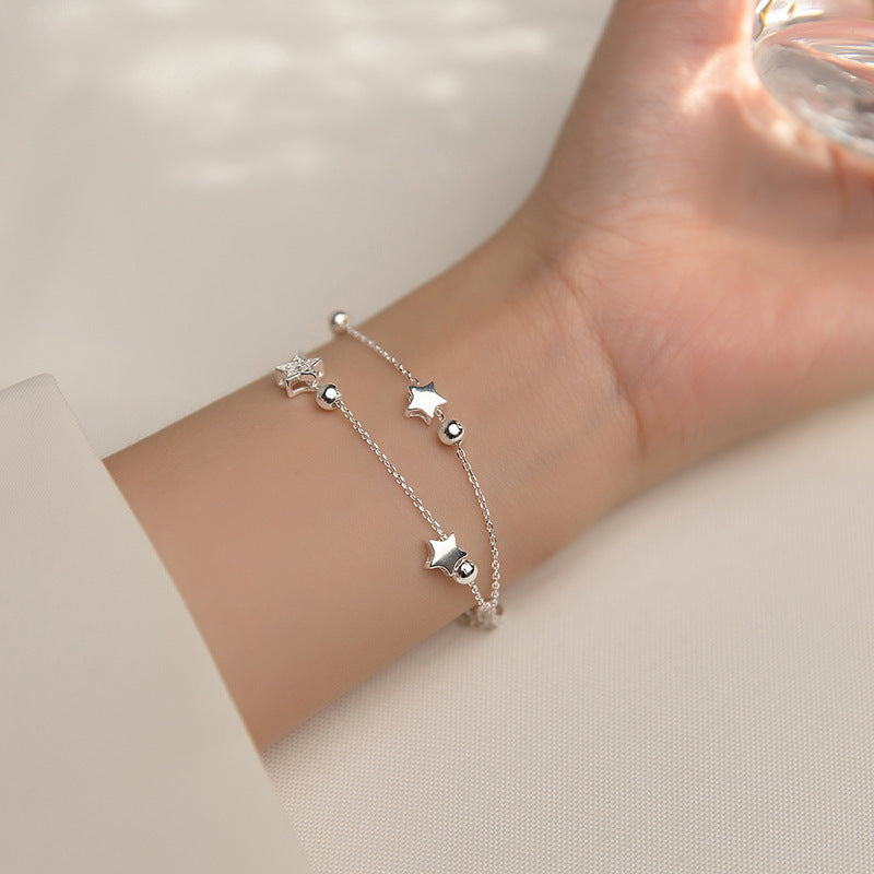 Silver-Plated Pentagram And Diamond Double Bracelet