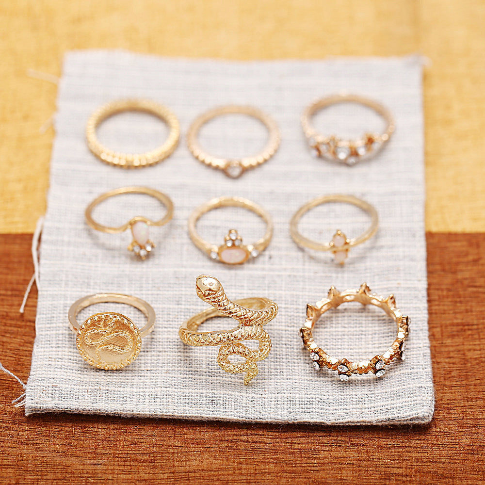 Antique Pattern Diamond Ring Set Snake Shaped Ring Nine Piece Set