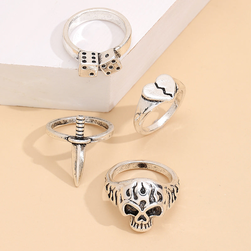 Ladies Sword Skull Dice Heart Ring Set