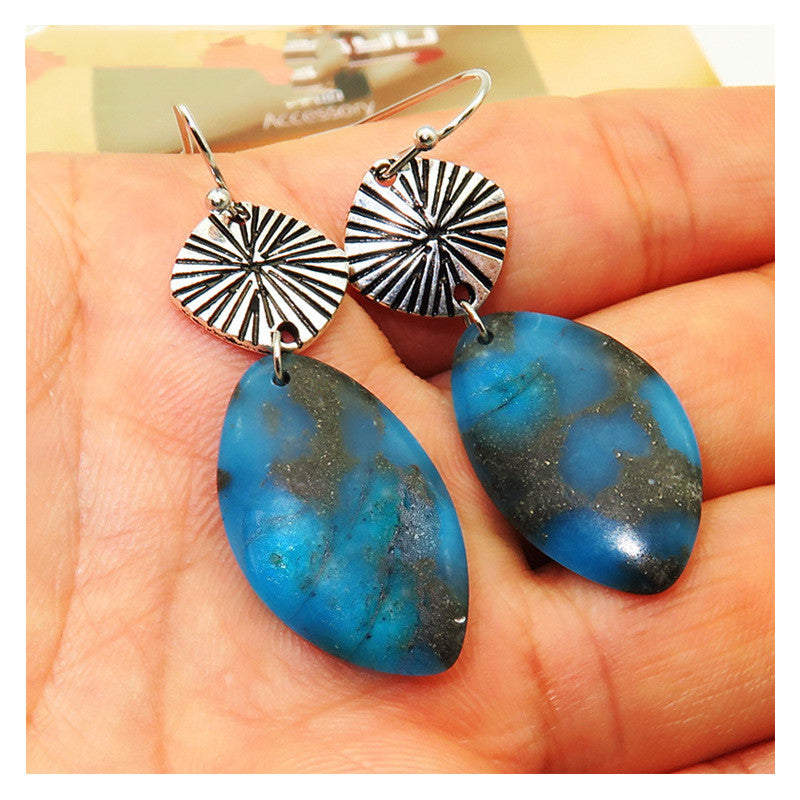 Fashion Lapis Lazuli Glitter Stone Leaf Earrings