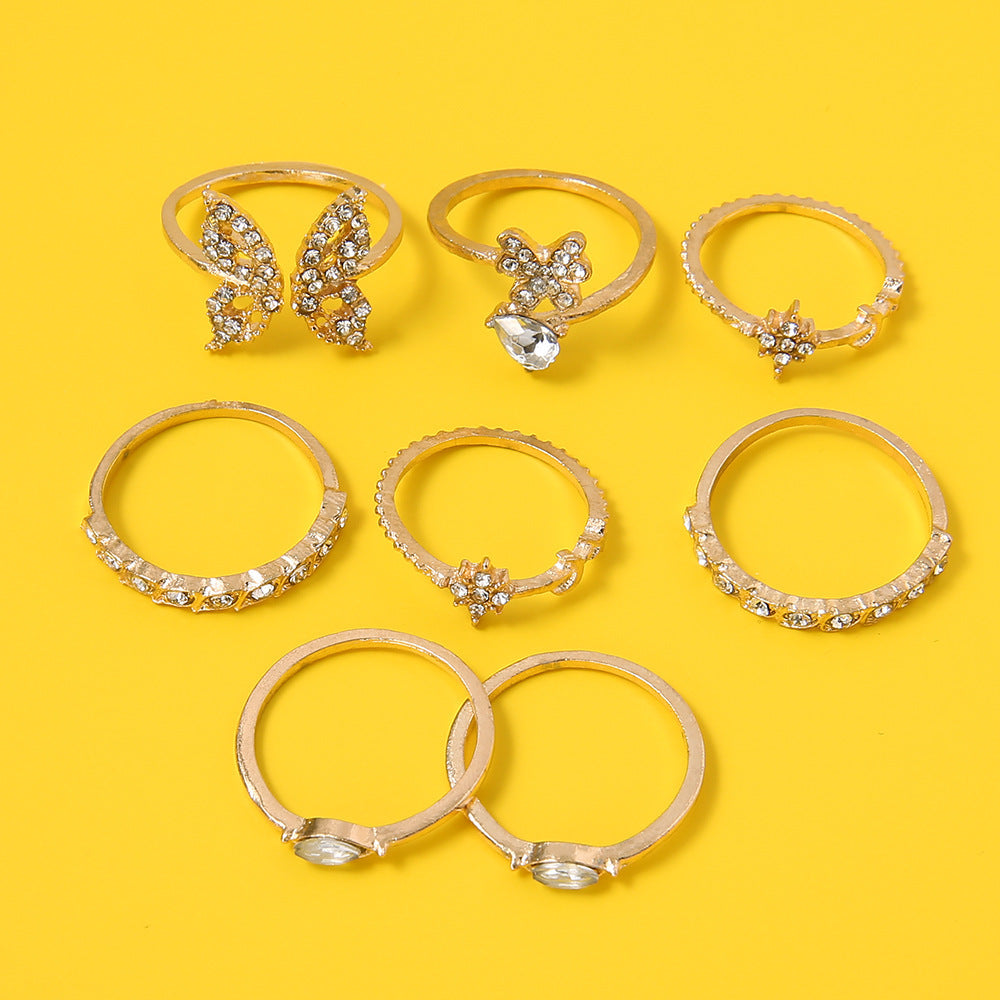 8 Piece Set Diamond Butterfly Flower Set Ring Women's Vintage Wedding Festival Crystal Ring