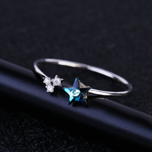 High Grade Platinum Japanese And Korean  Elements Crystal Five-pointed Star Super Zircon  Ring