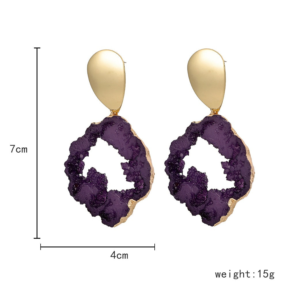 Fashionable Resin Irregular Shaped Amethyst Rough Stone Earrings