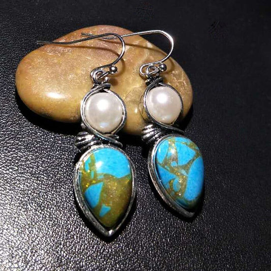 Vintage ethnic water drop blue stone earrings