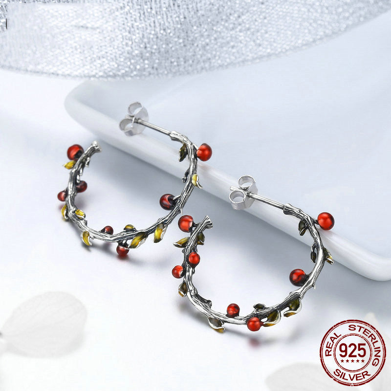 925 Sterling Silver Autumn Plant Withered Tree Leaves Hoop Earrings