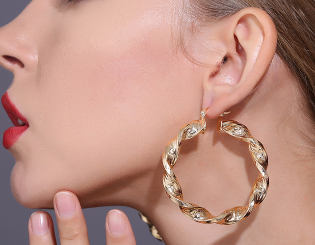 Round Textured Hoop Plating 18K Gold Earrings