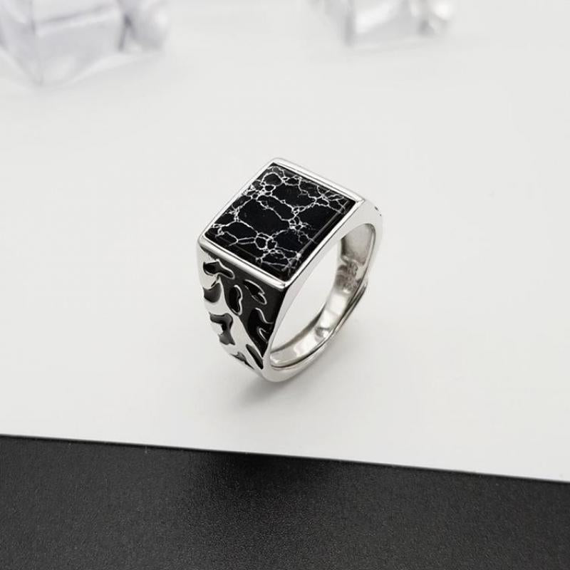 925 Sterling Silver Vintage Men's Rings Adjustable Square Black Stone Flower Pattern Design Male Turkey Jewelry