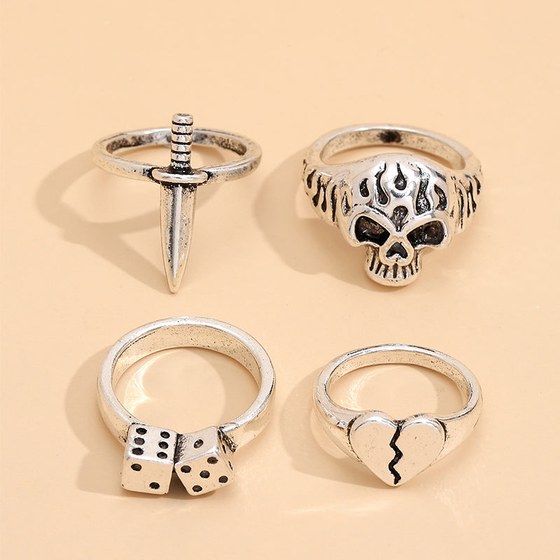 Ladies Sword Skull Dice Heart Ring Set