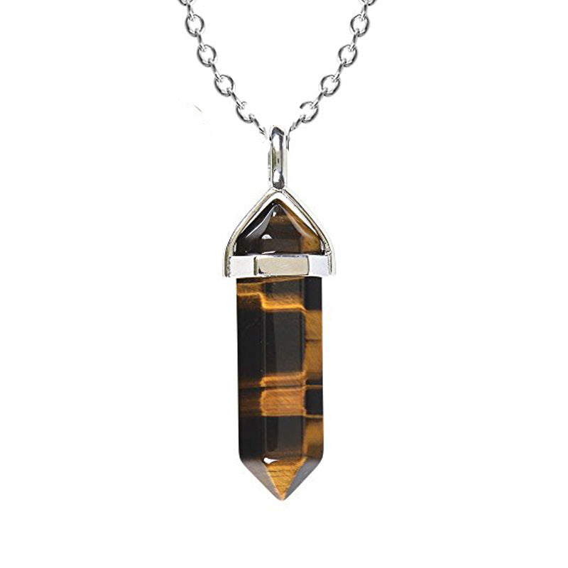 Natural Stone Hexagon Pillar Crystal Pendant Necklace