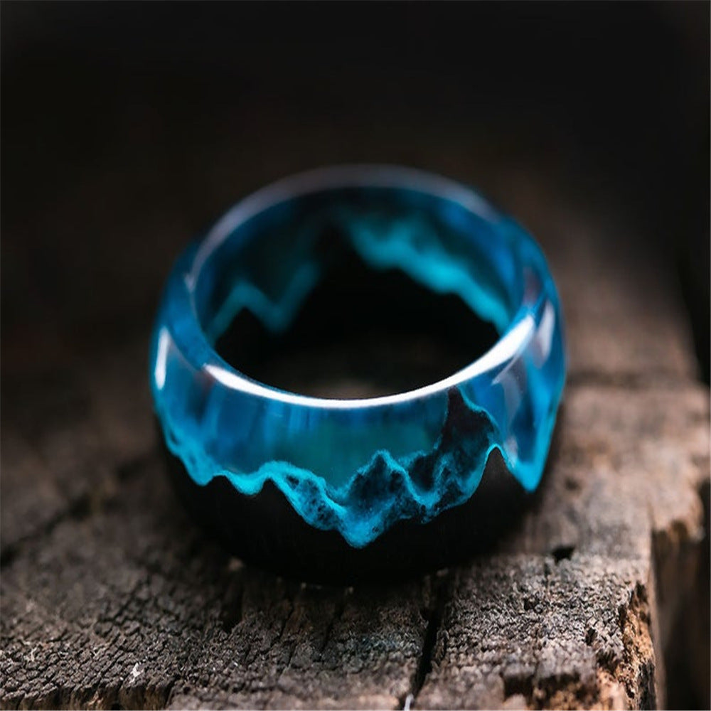 New Resin Wood Snowscape Starry Sky Aurora Personality Ring Fluorescent Secret Wood For Women Men Unusual Decoration Jewelry