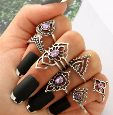 New retro purple crystal joint ring set female hollow flower diamond ring 7 piece set