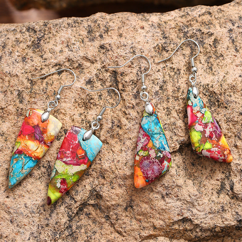 Colorful Emperor Stone Geometric Shaped Stone Earrings Triangle Temperament