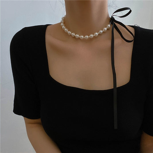 Personalized Pearl Black Bow Tie Necklace