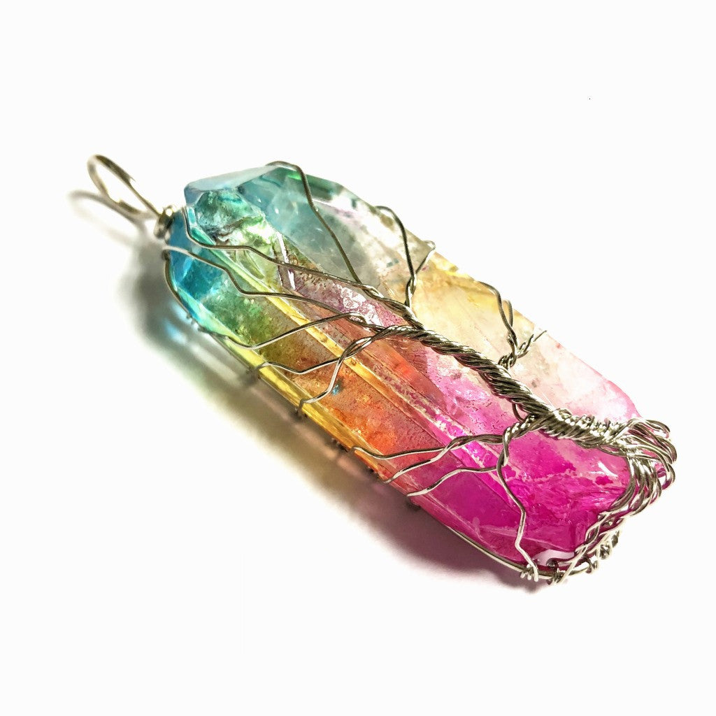 Crystal Plating Rainbow Color Crystal Pillar Tree Of Life Pendant Necklace