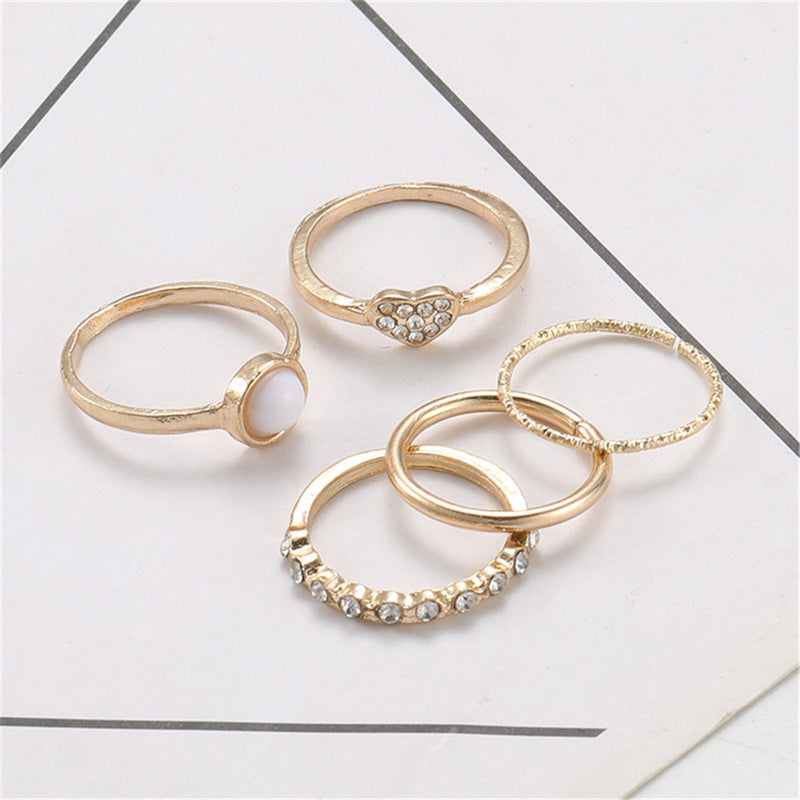 Pearl Heart Combination Knuckle Ring Set Of Five Boho