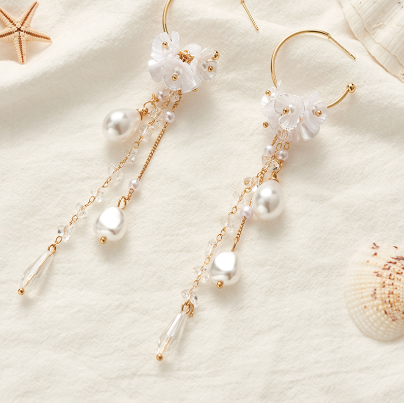 Female Pearl Tassel Earrings Flower Earrings