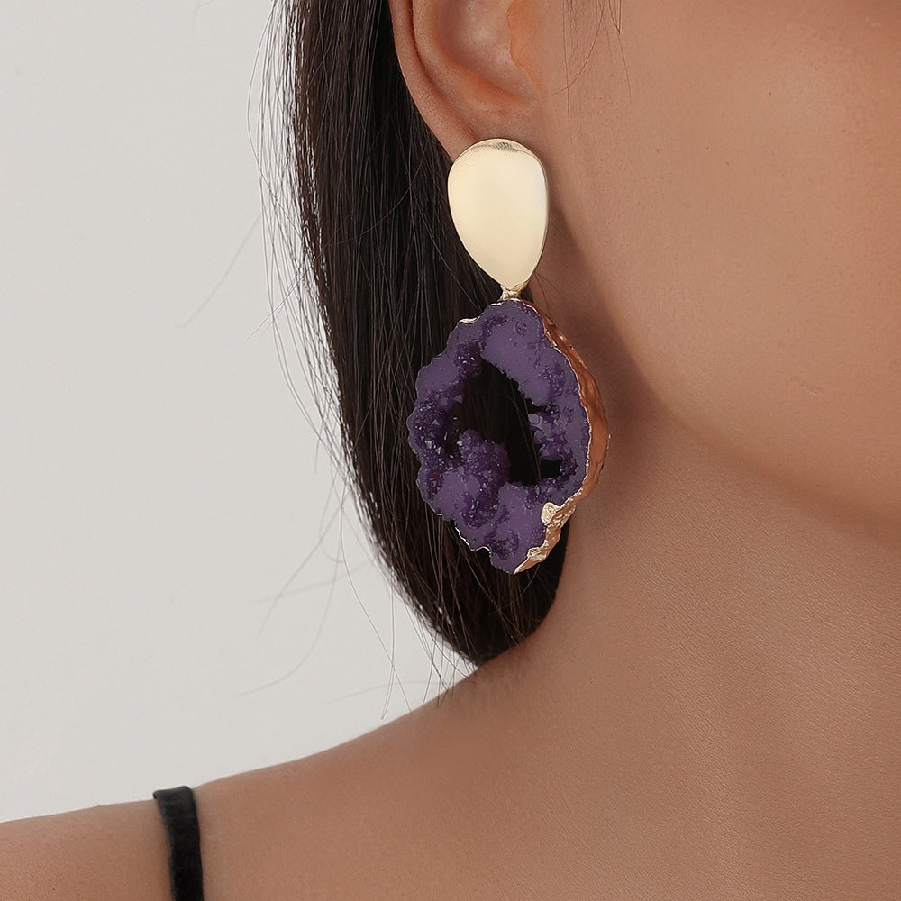 Fashionable Resin Irregular Shaped Amethyst Rough Stone Earrings