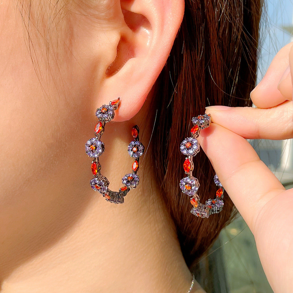 Silver Needle Gun Black Zircon Color Flower Hoop Earrings