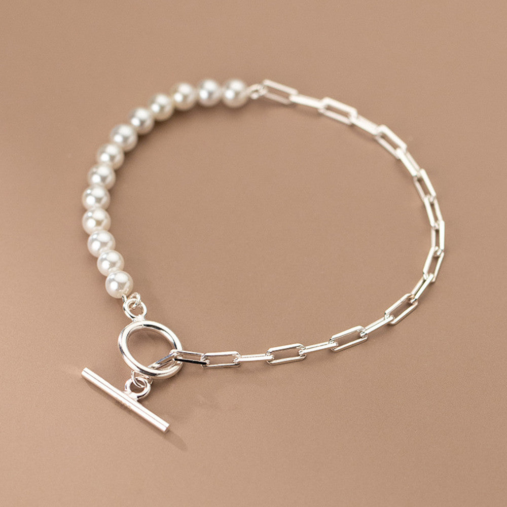Silver Beads Synthetic Pearl Oval Cutout Bracelet