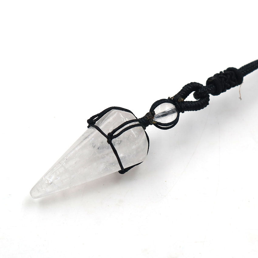 Natural Crystal Hexagonal Cone Braided Pendant Necklace