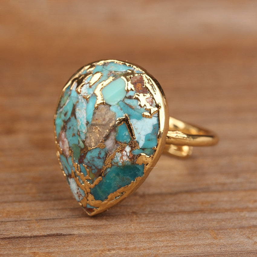 Natural Gold Thread Turquoise Drop Ring