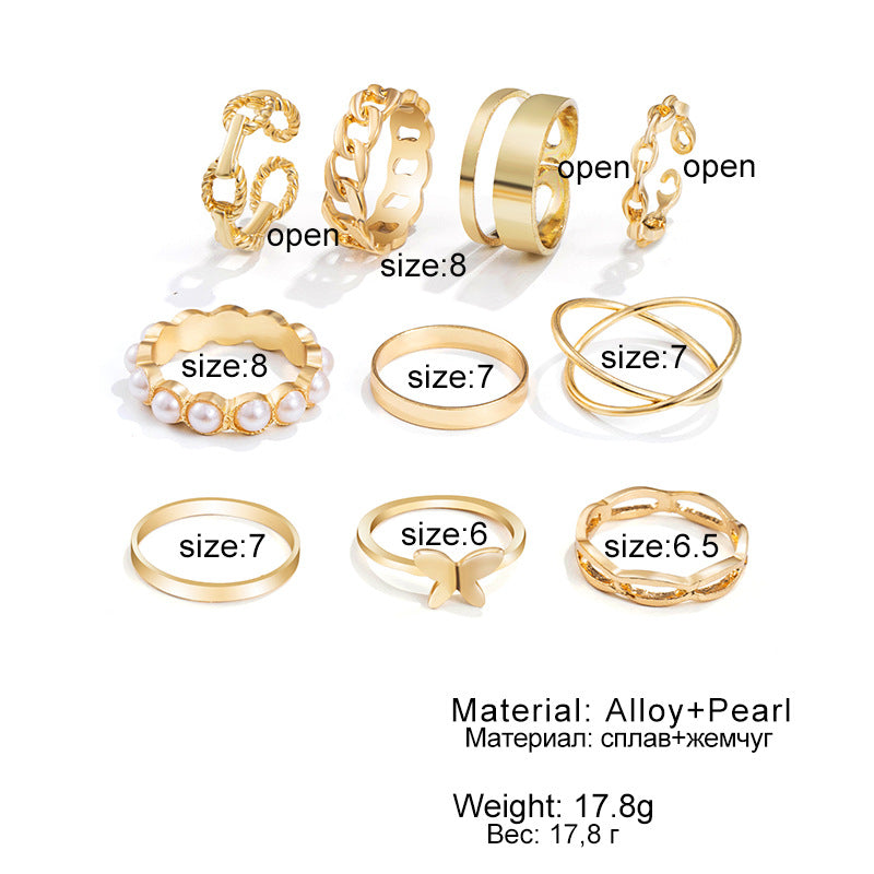 Butterfly Pearl Ring 10 Piece Set Adjustable European And American Fashion Ins Ring Set Women