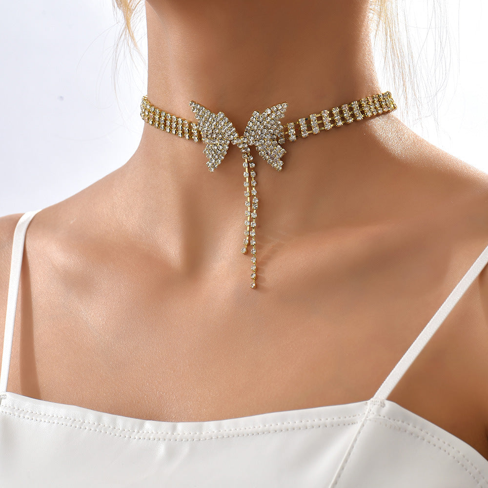 Temperament Full Diamond Bow Short Necklace