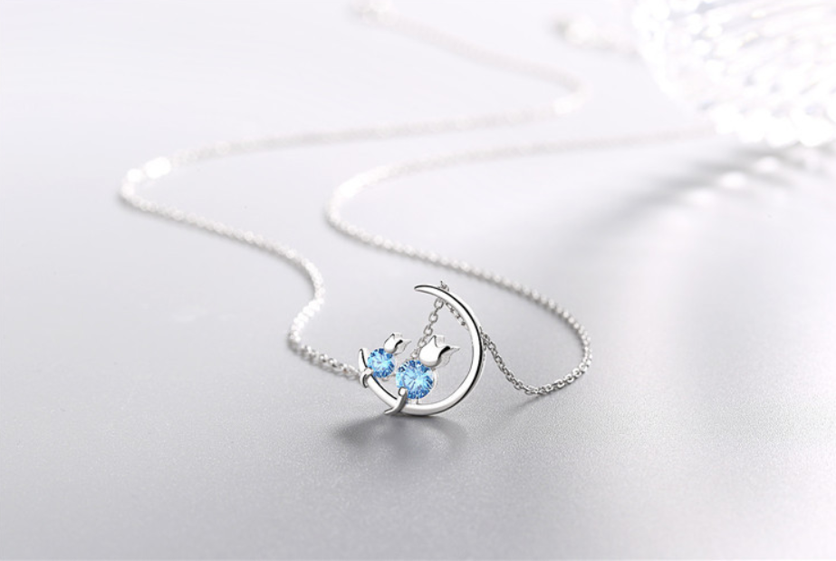 Blue Diamond Moon Bunny Necklace